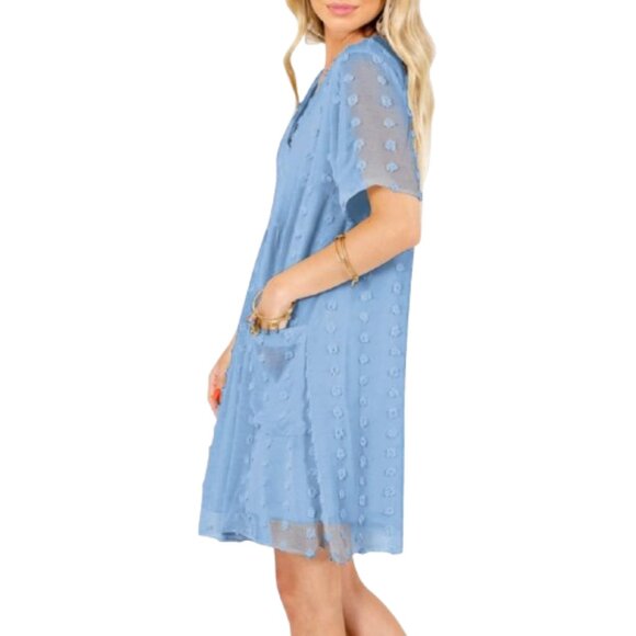 Miholl Blue Loose Flowy Short Dress Textured Dots V-Neck Pockets Short Sleeves - Picture 9 of 15
